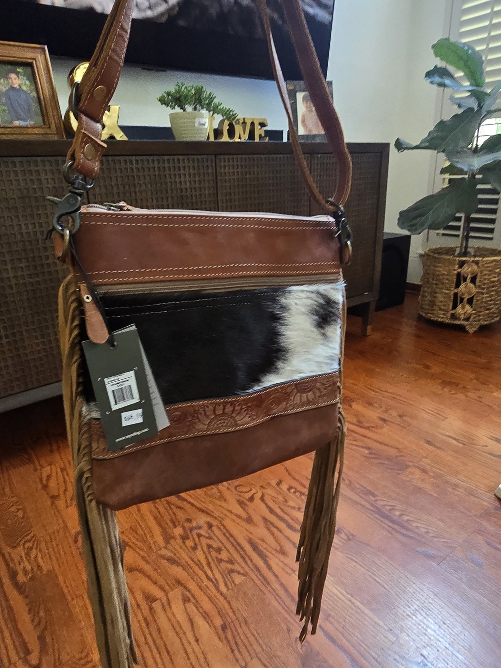 Myra Bag NWT Cowhide Fringe Crossbody Purse Tooled Sunflower Leather Western